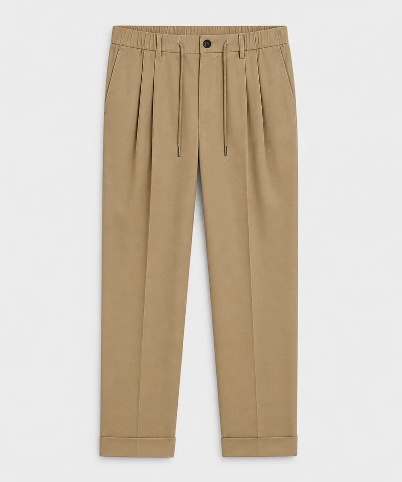 Pantalón beige con pinzas, cordón y botamanga — Pantalones
